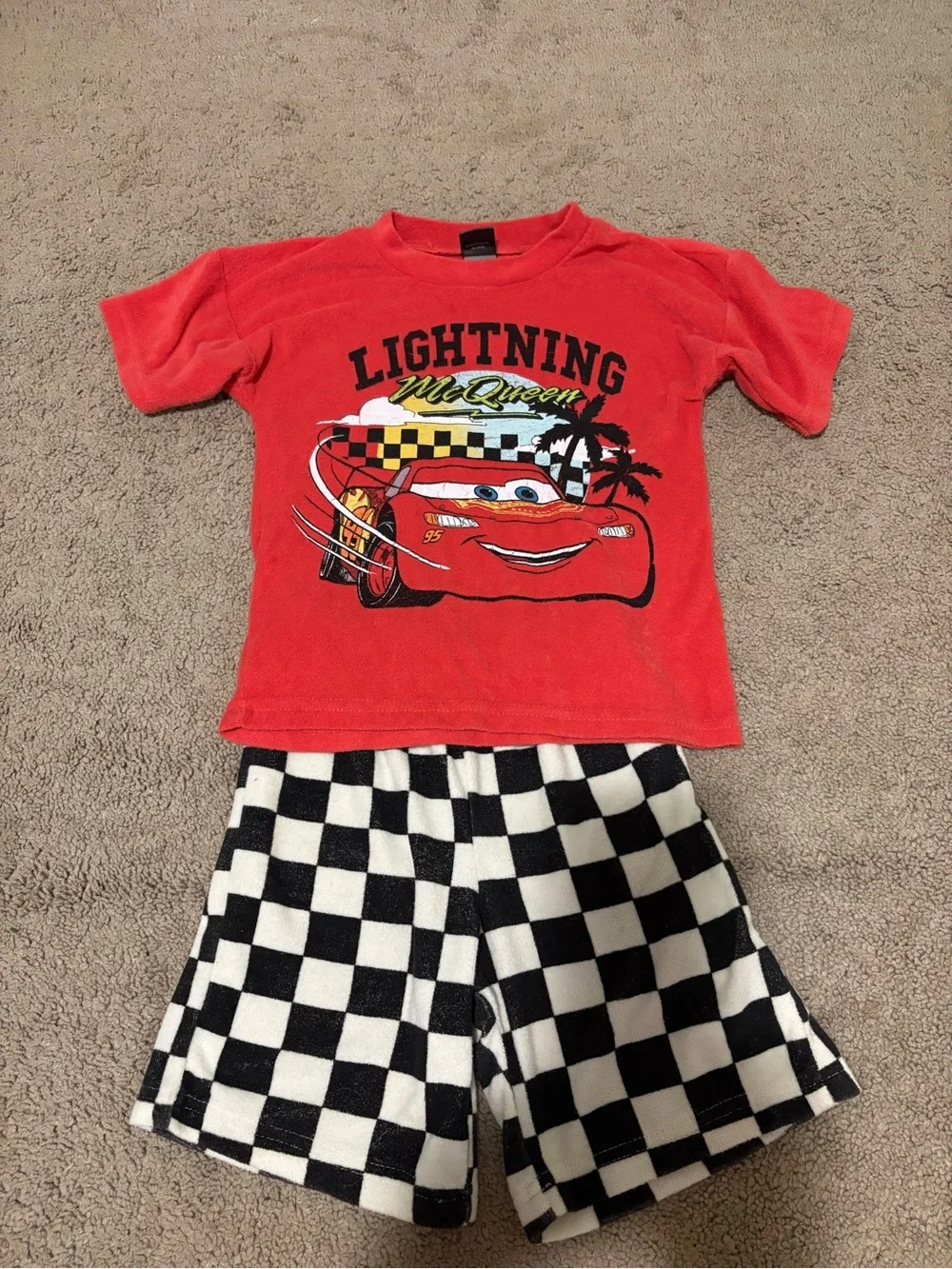 Lightning McQueen Red Tee and Checkered Shorts Set Size 6